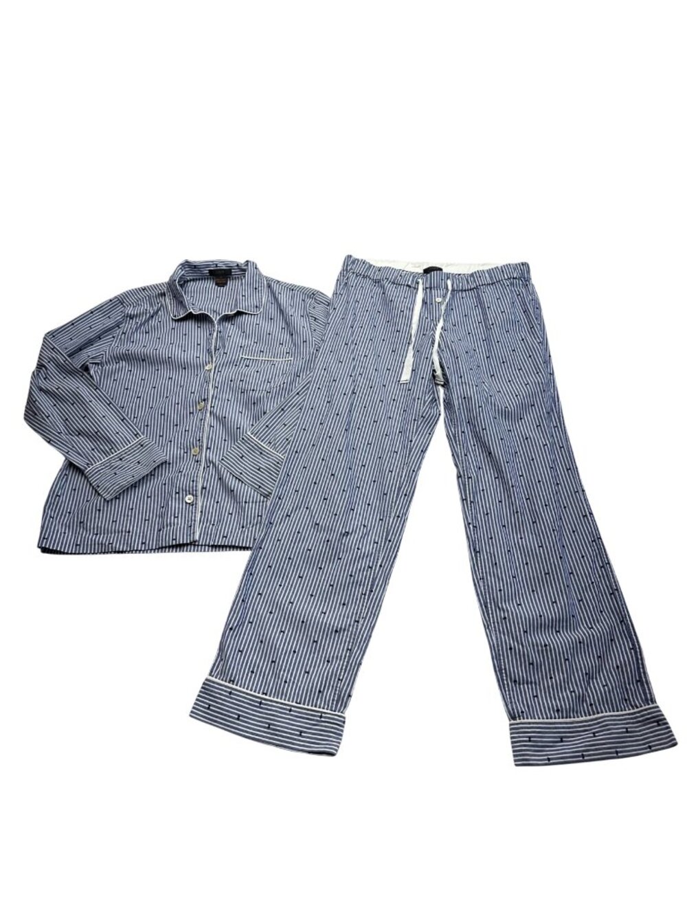 J Crew Cotton Pajama Set Womens Size Small Blue White Stripe Dot Long Sleeve